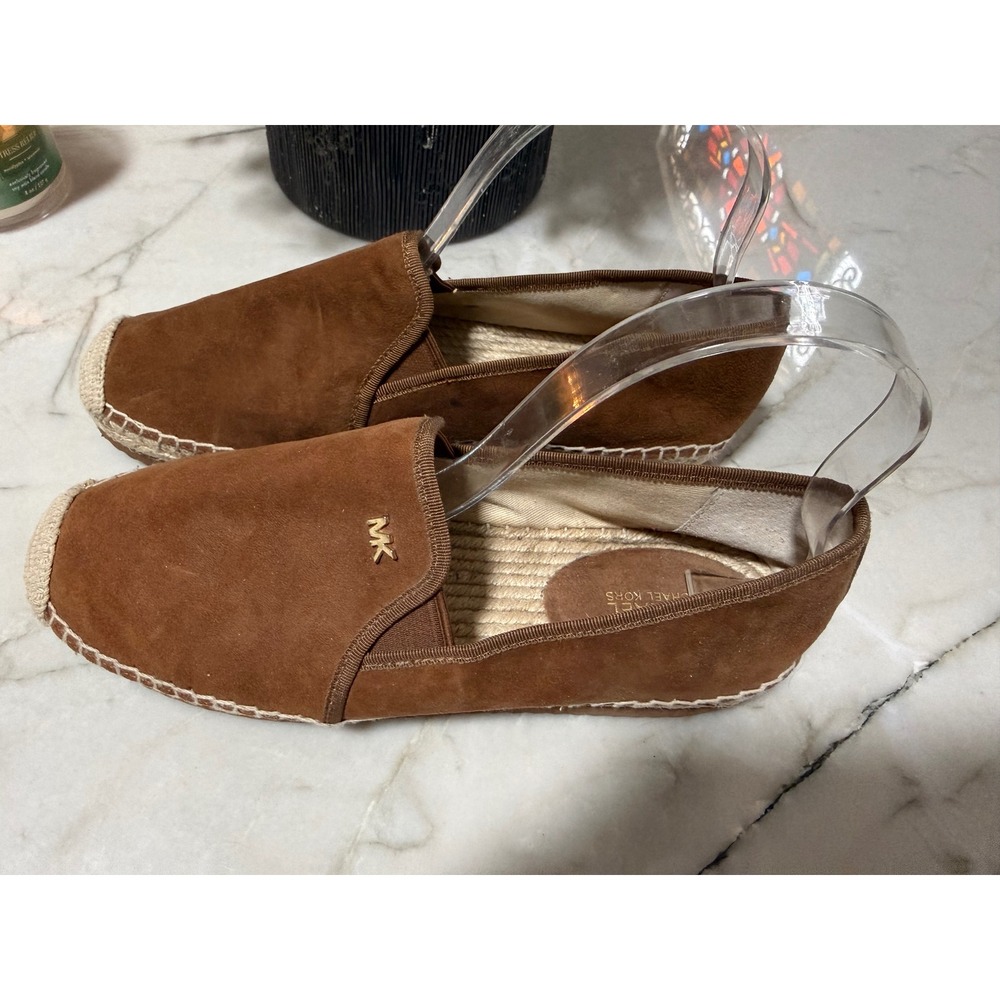 Michael Kors Hastings Suede Espadrille Flats Brown Acorn Gold Logo Womens 8M